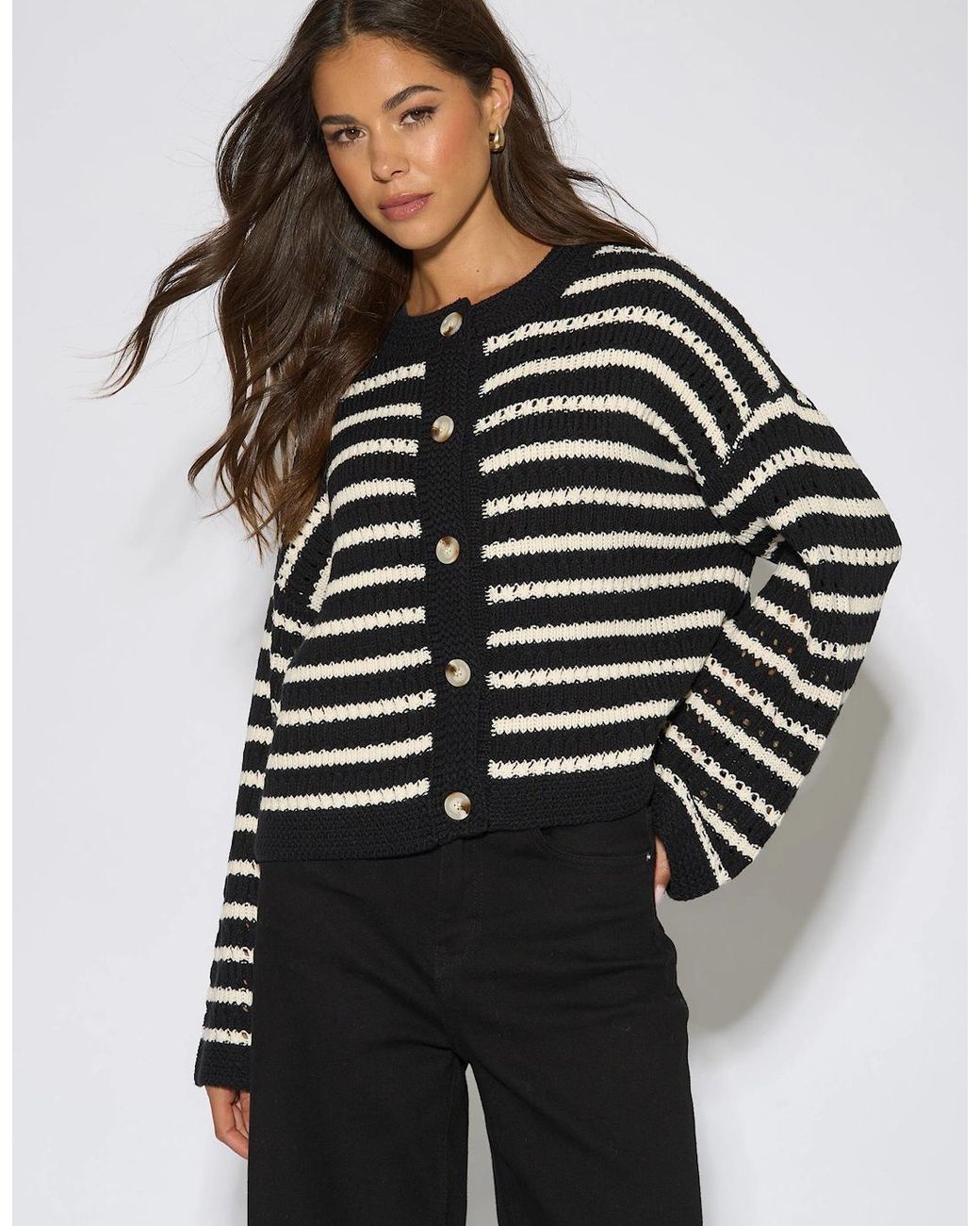 Gini London Multicolor Stripe Cable Knit Crop Cardigan