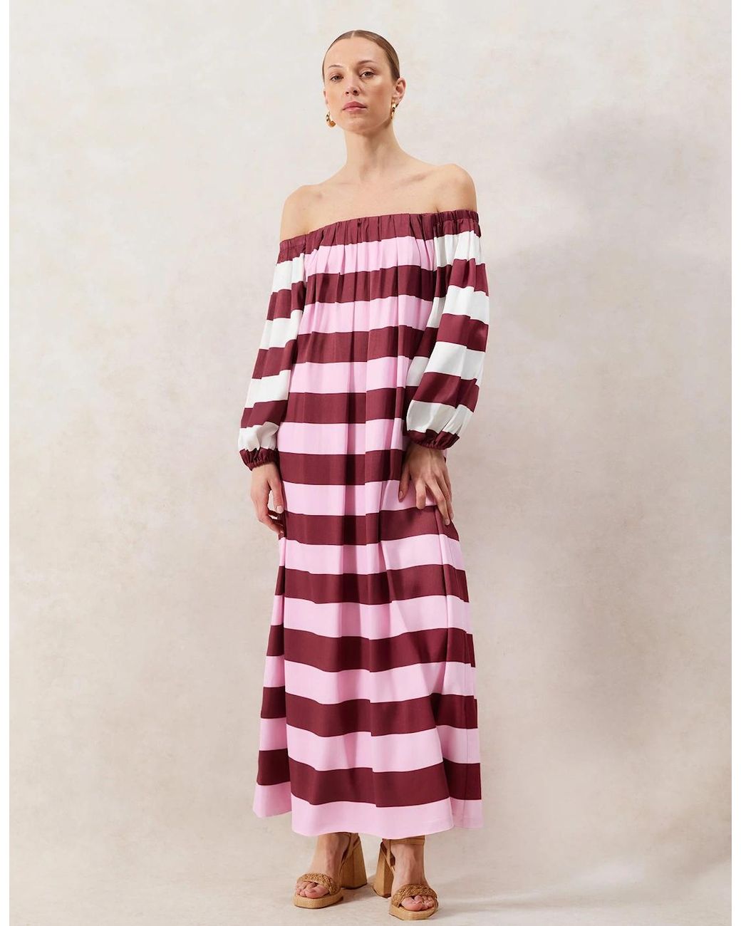 Ro&zo Red Gigi Striped Bardot Maxi Dress