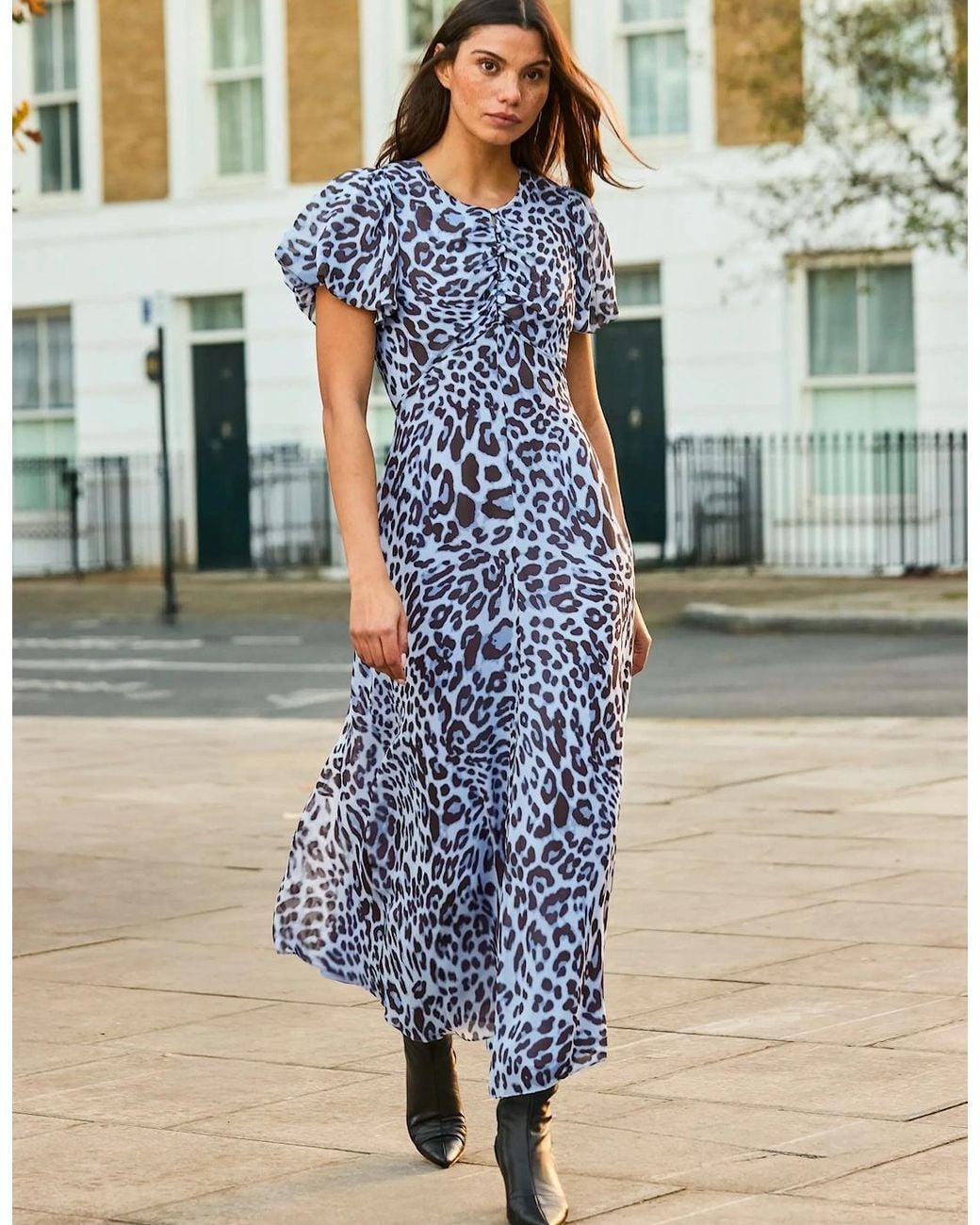 Ro&zo Blue Leopard-Print Button-Detail Dress