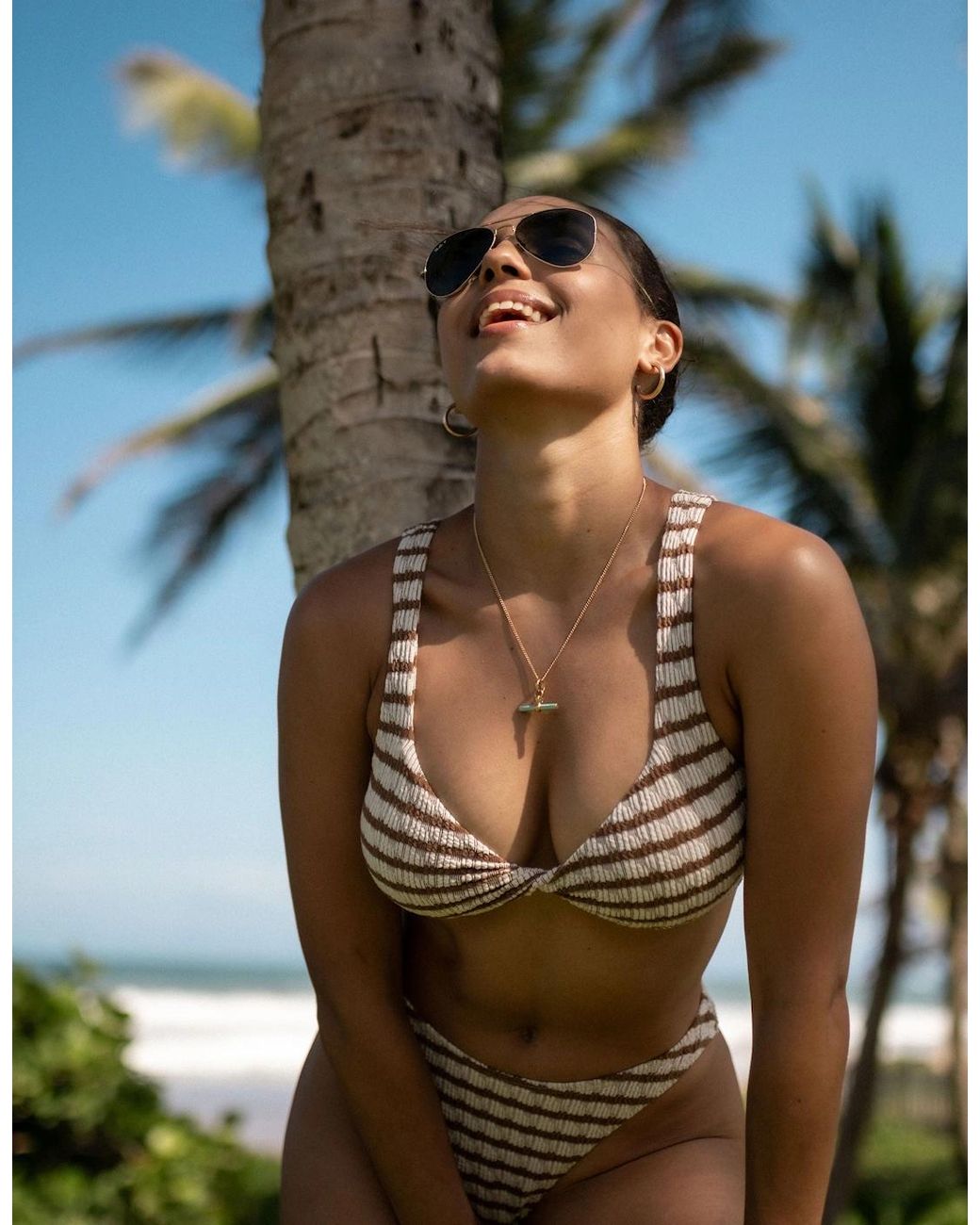 Gini London Green Tan Textured Twisted Stripe Bikini Top