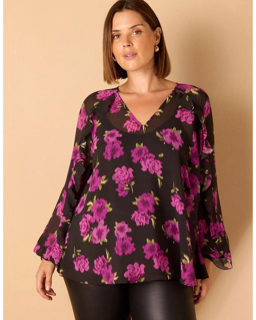 Live Unlimited London Purple Floral Print V Neck Ruffle Blouse