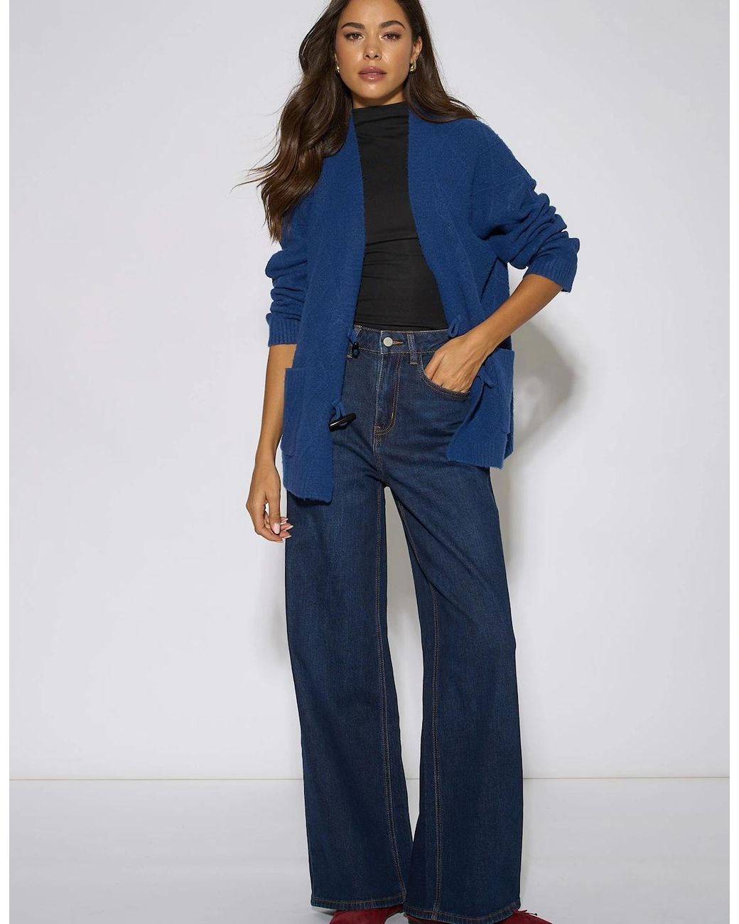 Gini London Blue Textured Button Detail Long Sleeve Cardigan