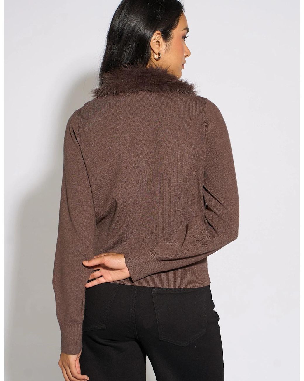 Gini London Brown Fur Trim Cardigan
