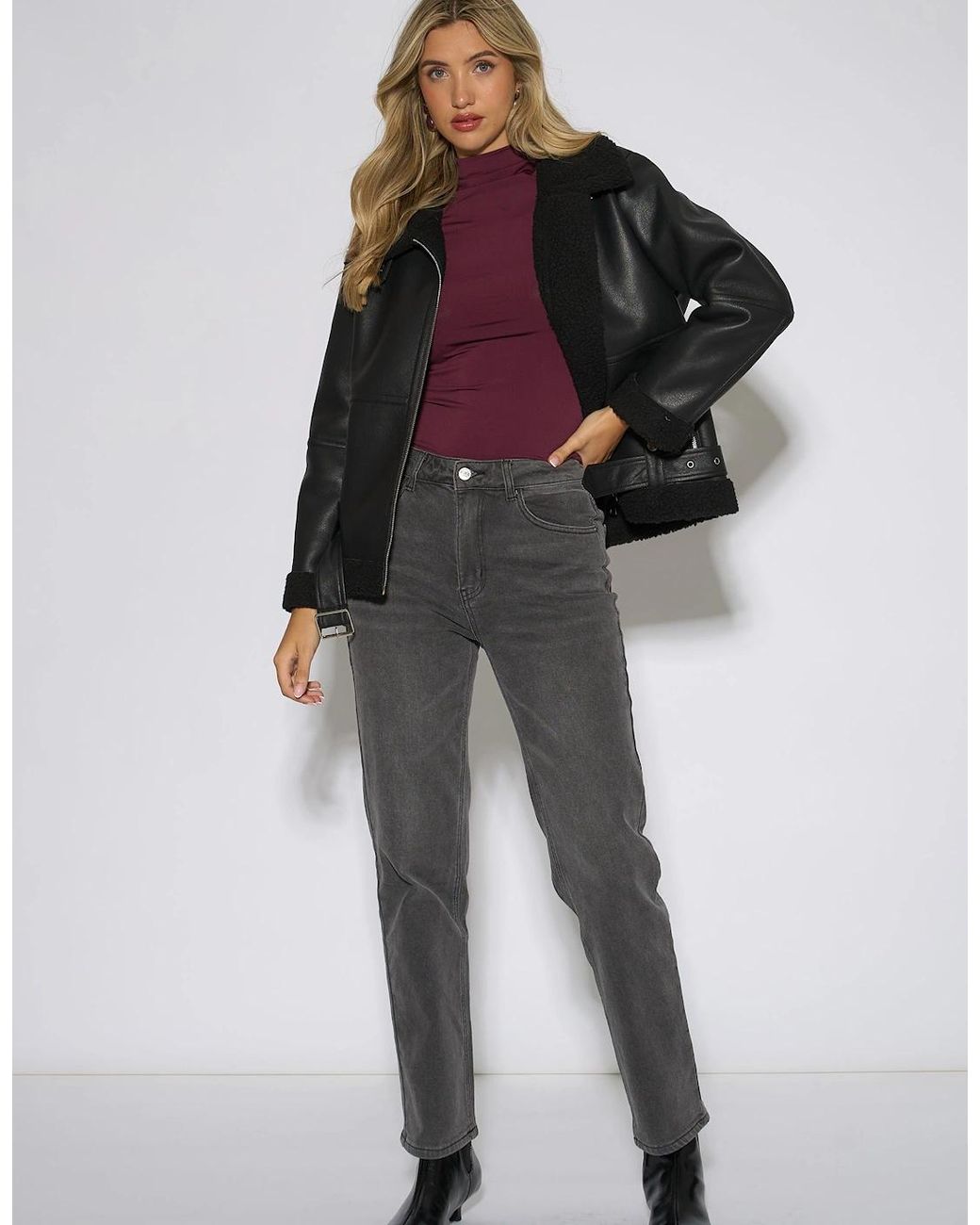 Gini London Gray Faux Leather Aviator Biker Jacket