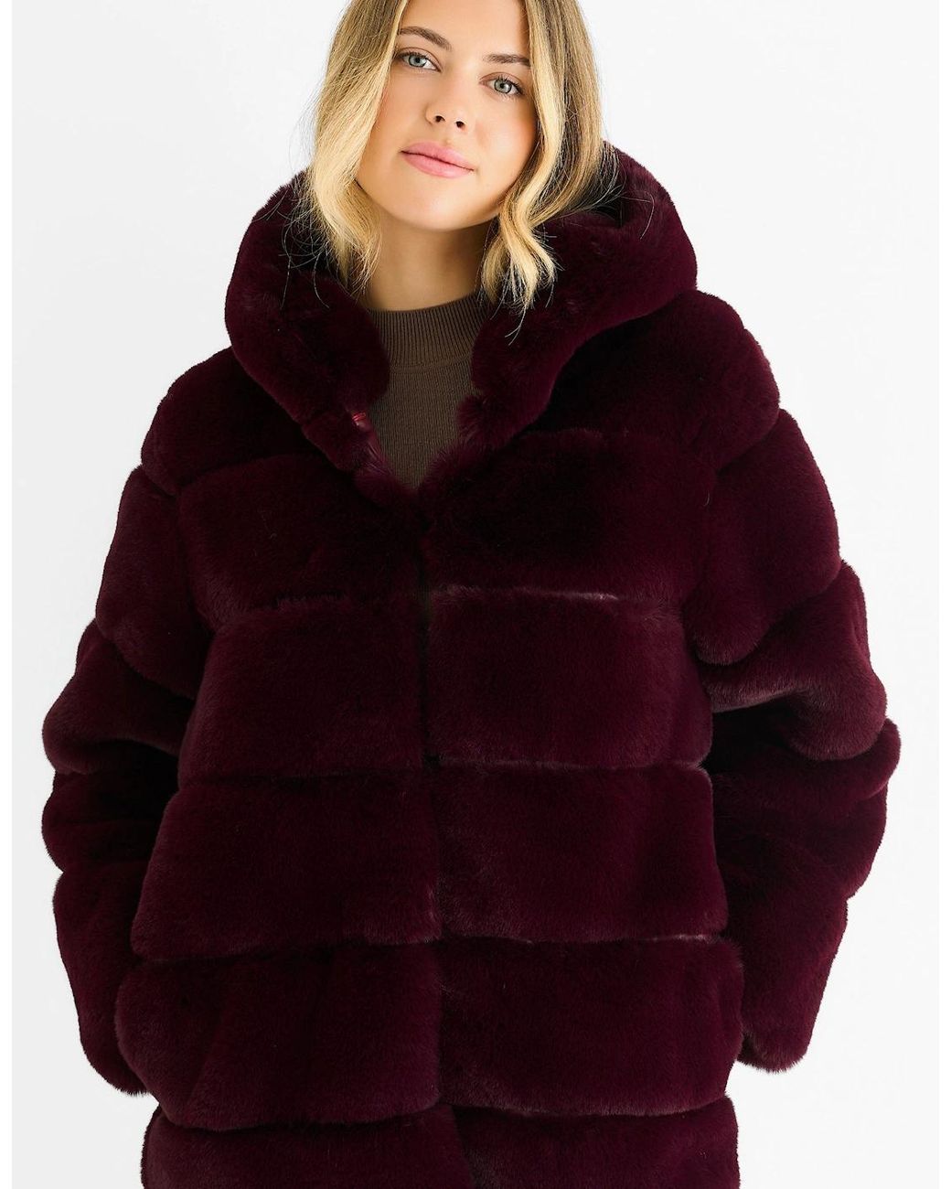 Gini London Red Dark Burgundy Horizontal Cut Fur Hooded Jacket