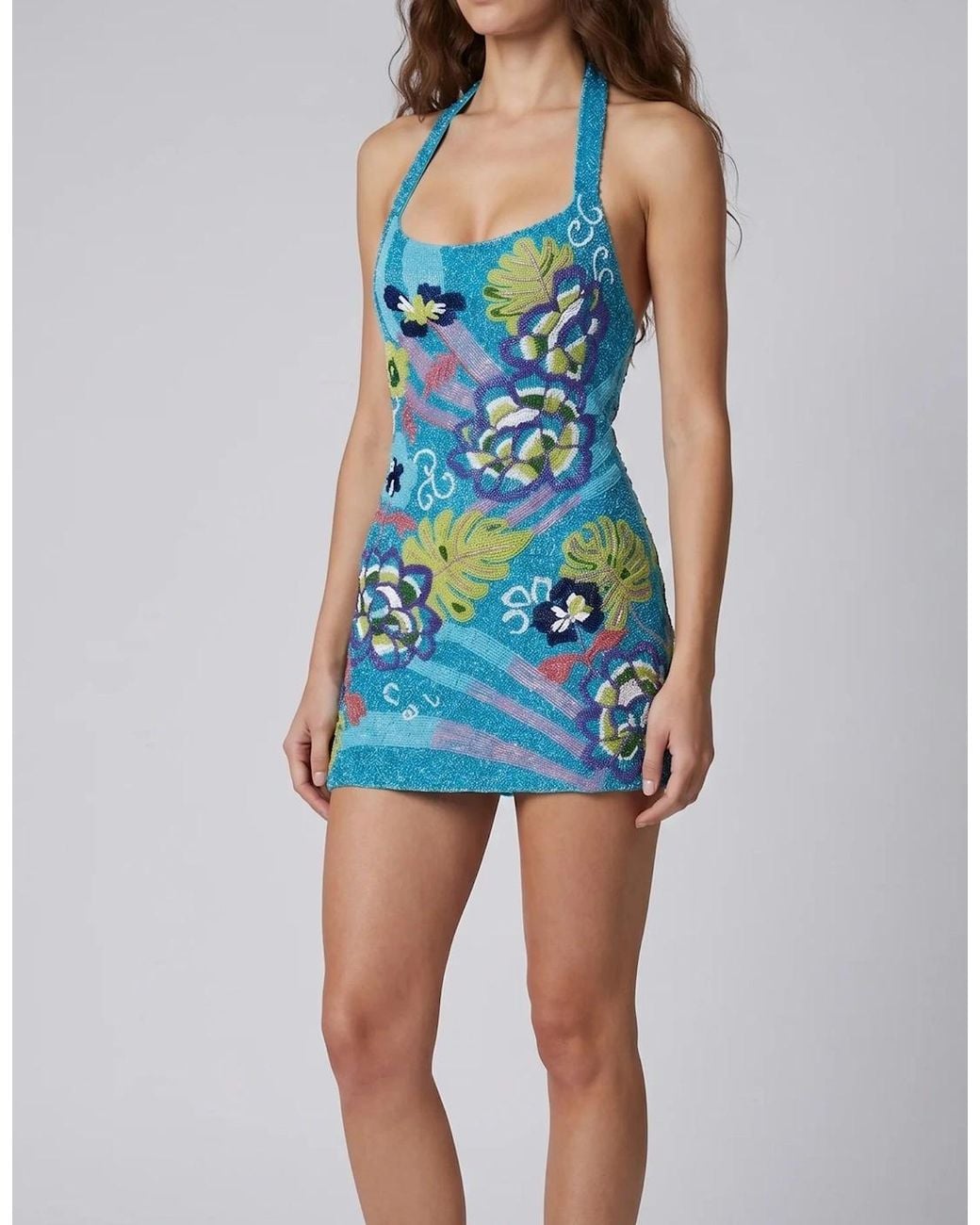 Oceanus Blue Flower And Monsterra Hand Beaded Mini Dress