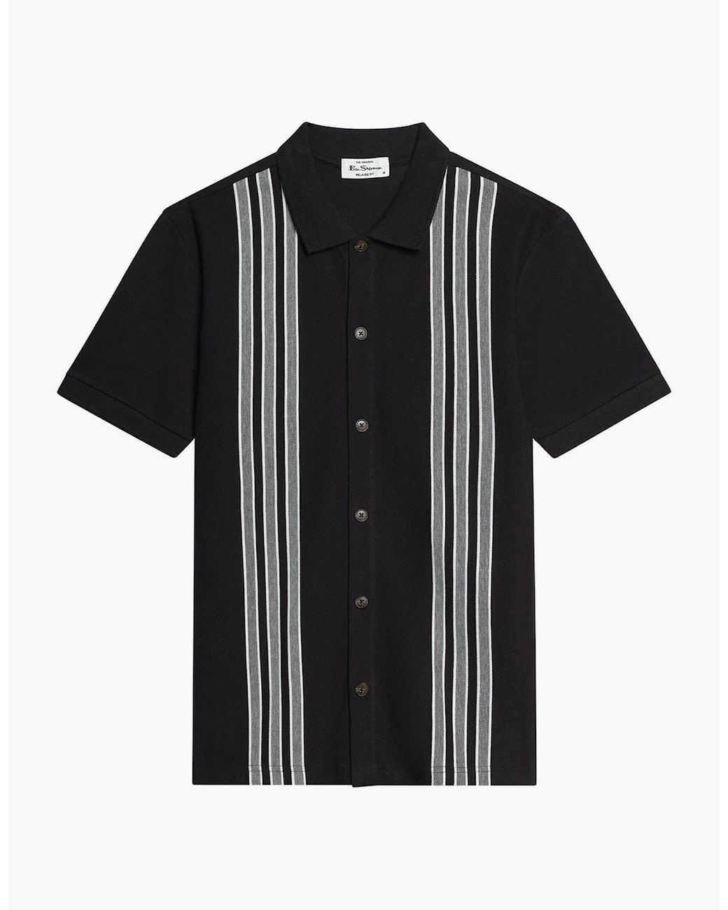 Ben Sherman Black Birdseye Stripe Button-Up Short Sleeve Polo Shirt for men