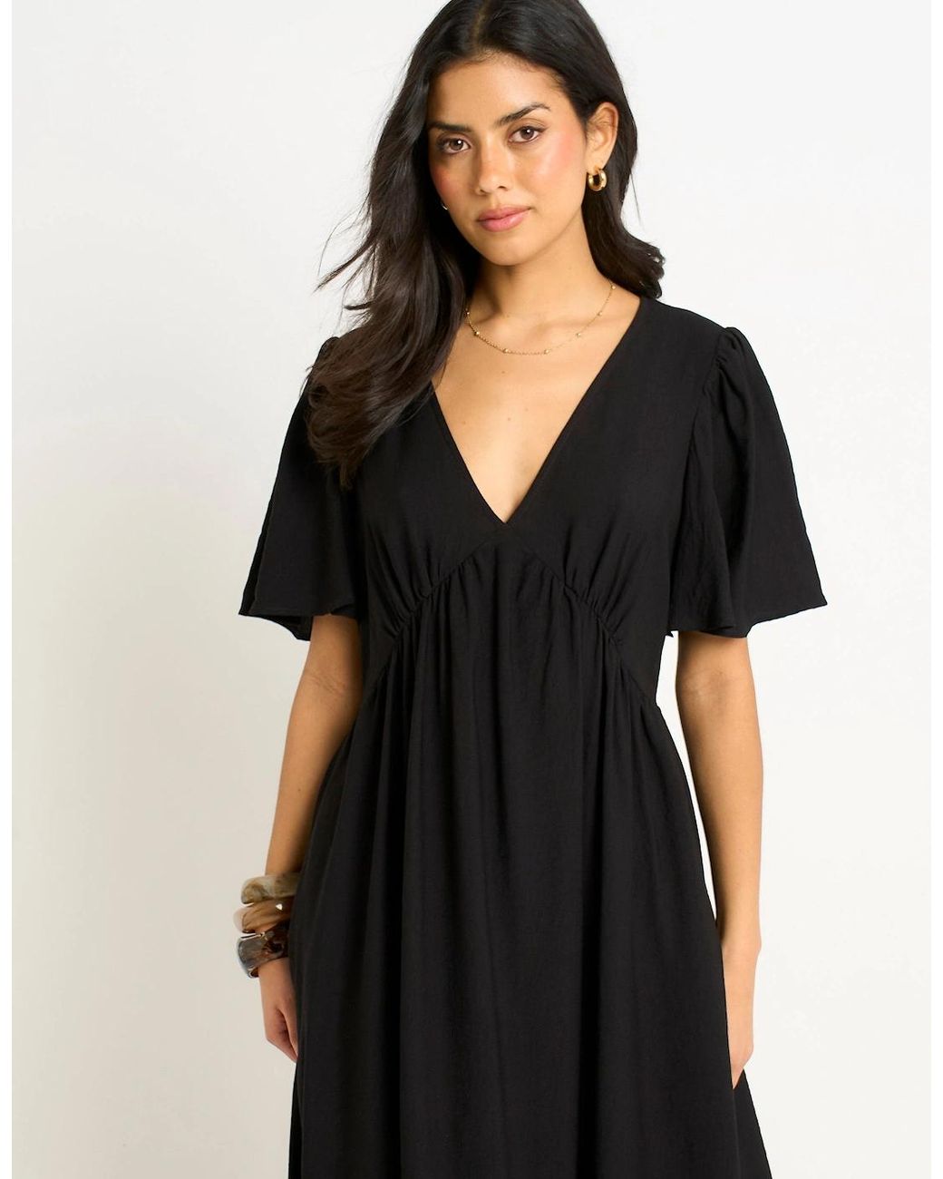 Gini London Black V Neck Angel Sleeves Skater Maxi Dress