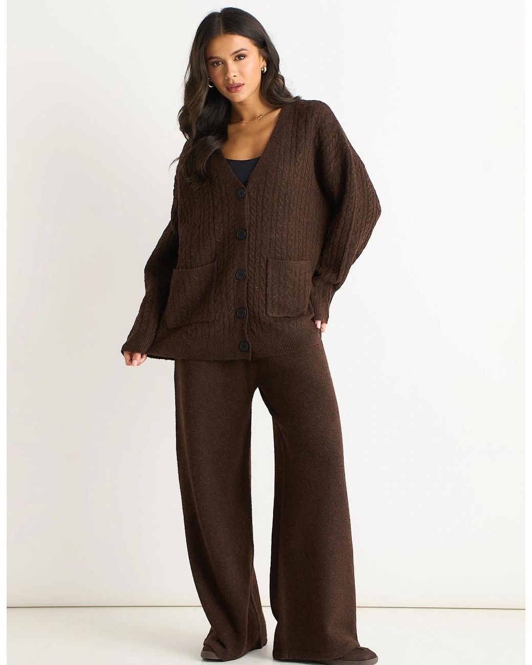 Gini London Brown Soft Knit Pull On Wide-Leg Trousers