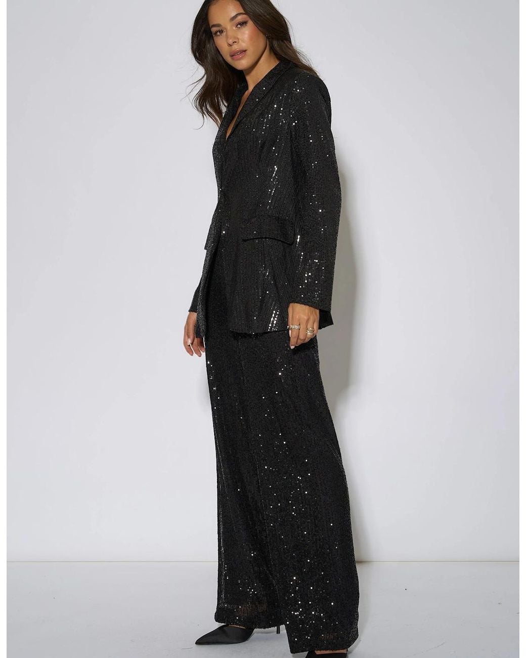 Gini London Black Sequin Wide Leg Trouser