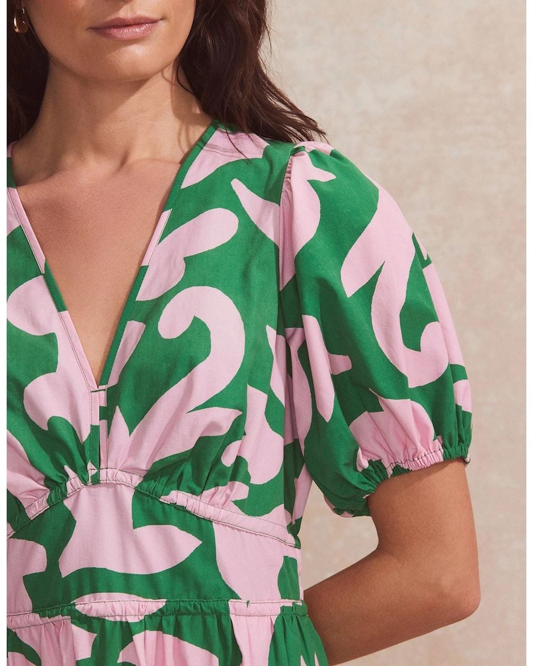 Ro&zo Green And Abstract-Print Puff-Sleeve Mini Dress