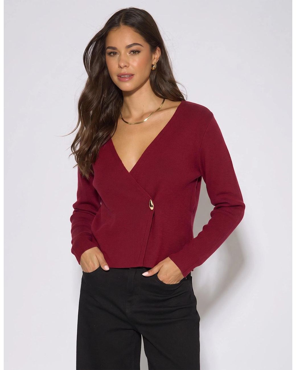 Gini London Red Burgundy Button Wrap Compact Knit Cardigan