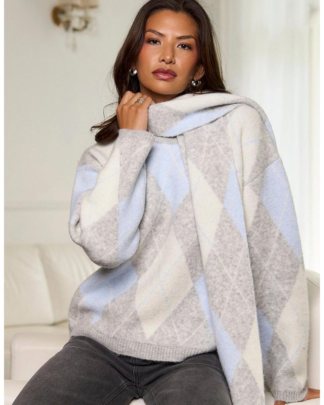 Gini London Gray Multi Argyle Soft Knit Scarf Jumper