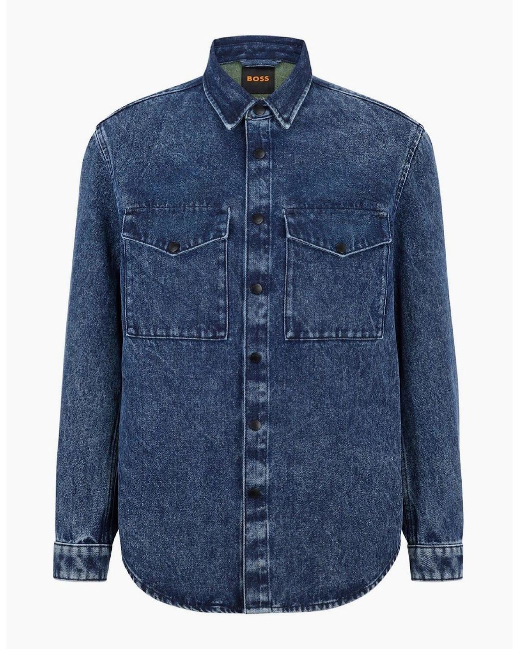 Boss Blue Solid Patterned Denim Jacket With Chest Pocket for men