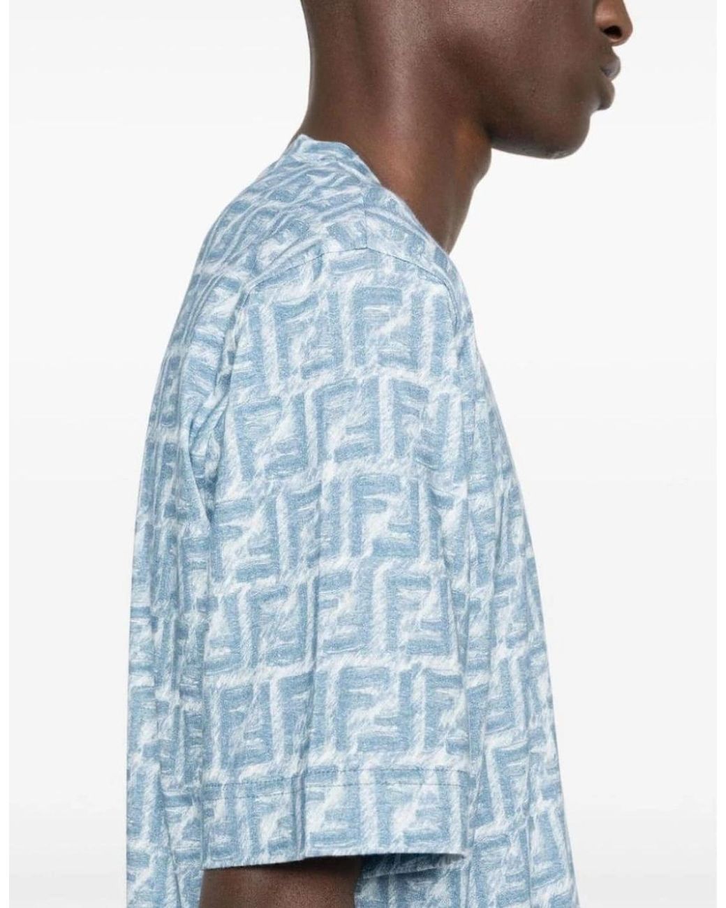 Fendi Blue Jeans Fringed Monogram Ff Print Oversized T-Shirt for men