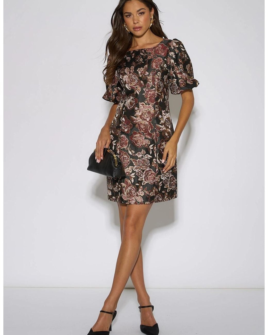 Gini London Brown Floral Jacquard Puff Sleeves Mini Dress