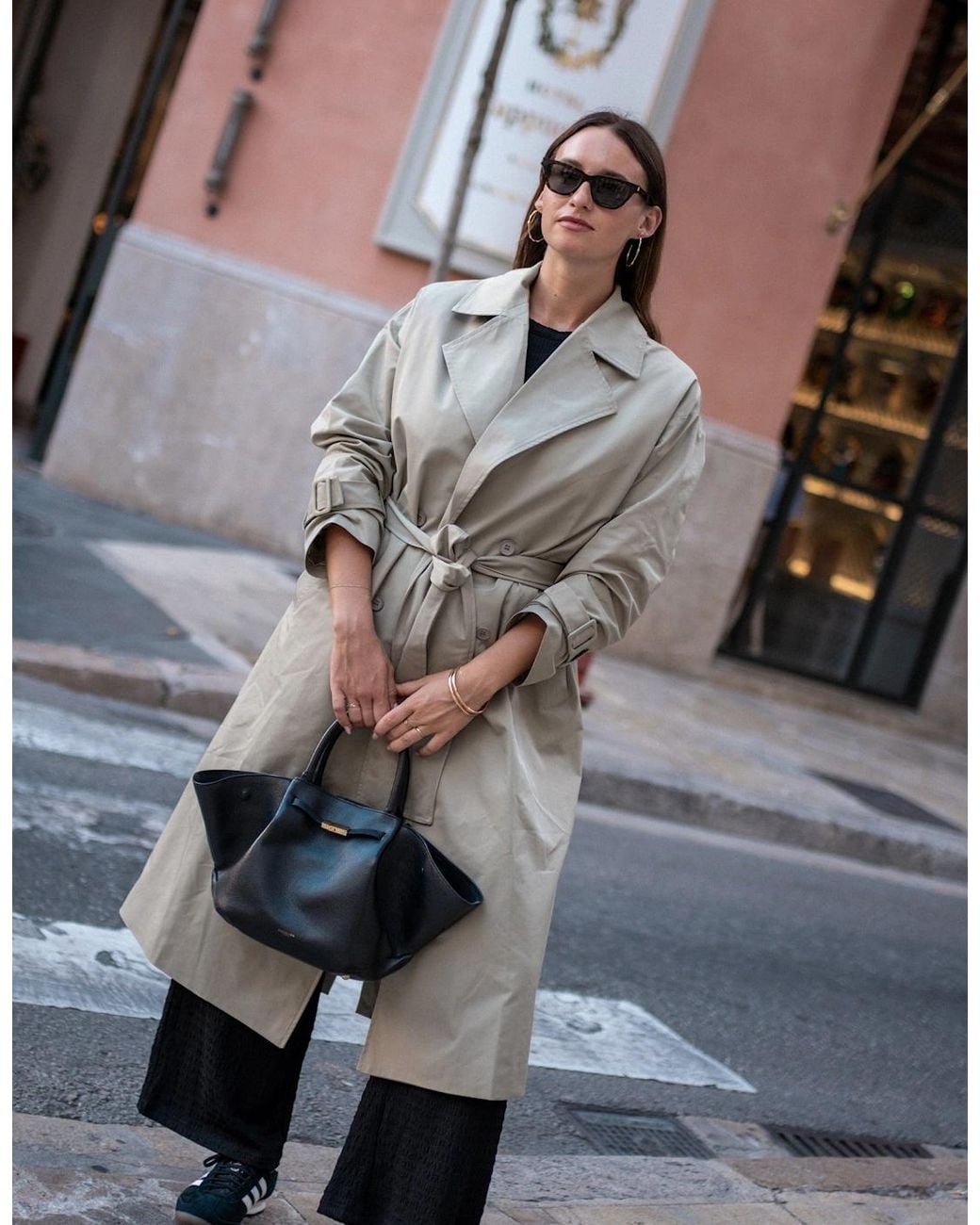 Gini London Natural Sage Double Breast Longline Belted Trench Coat