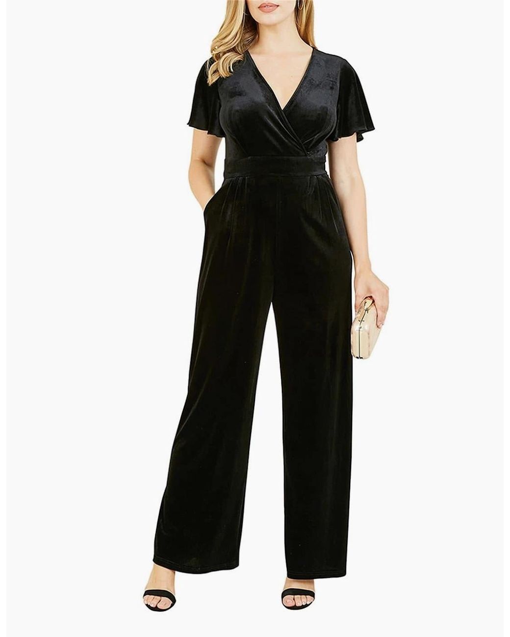 Yumi' Black V Neck Wrap Jumpsuit With Angel Sleeves