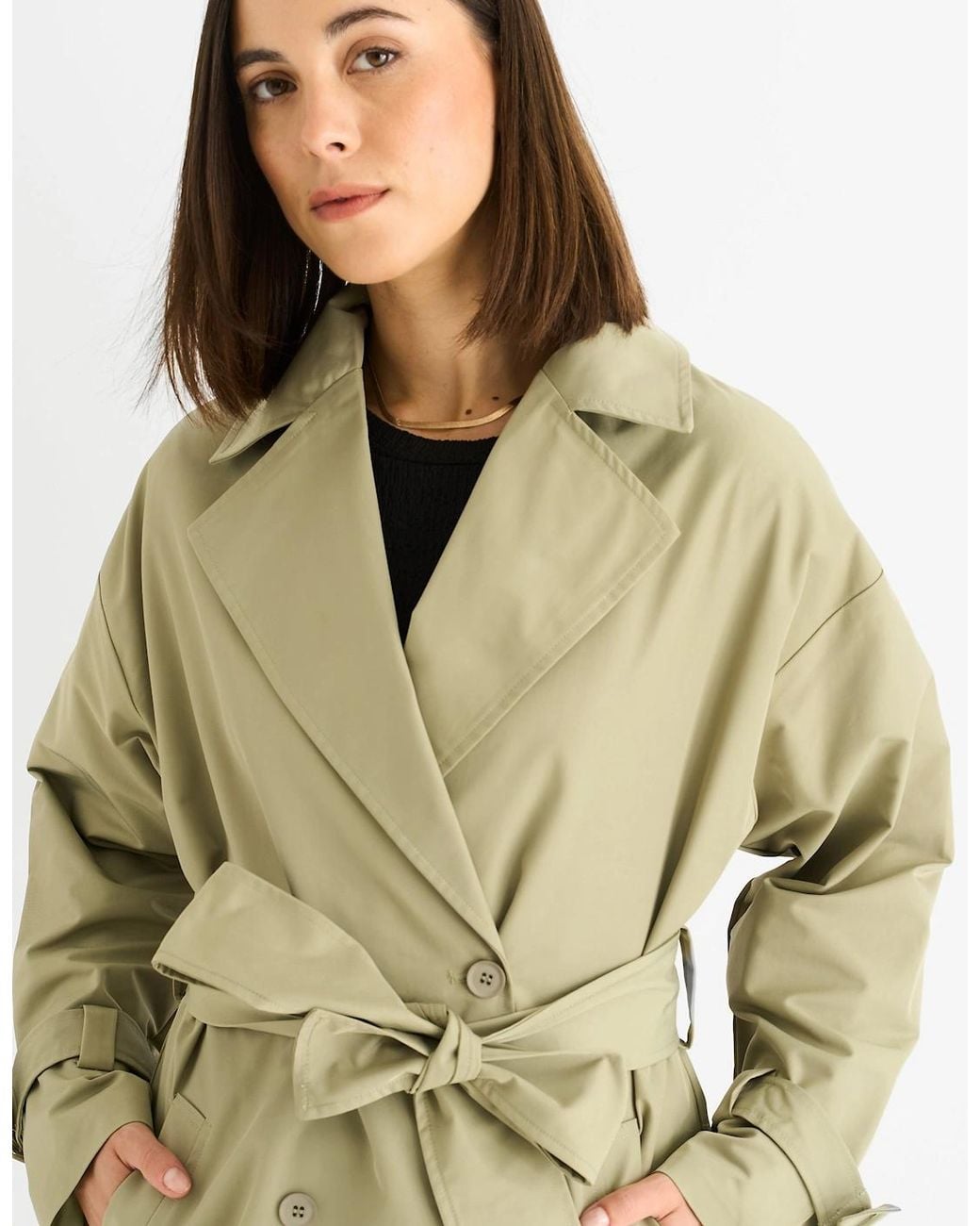 Gini London Natural Sage Double Breast Longline Belted Trench Coat