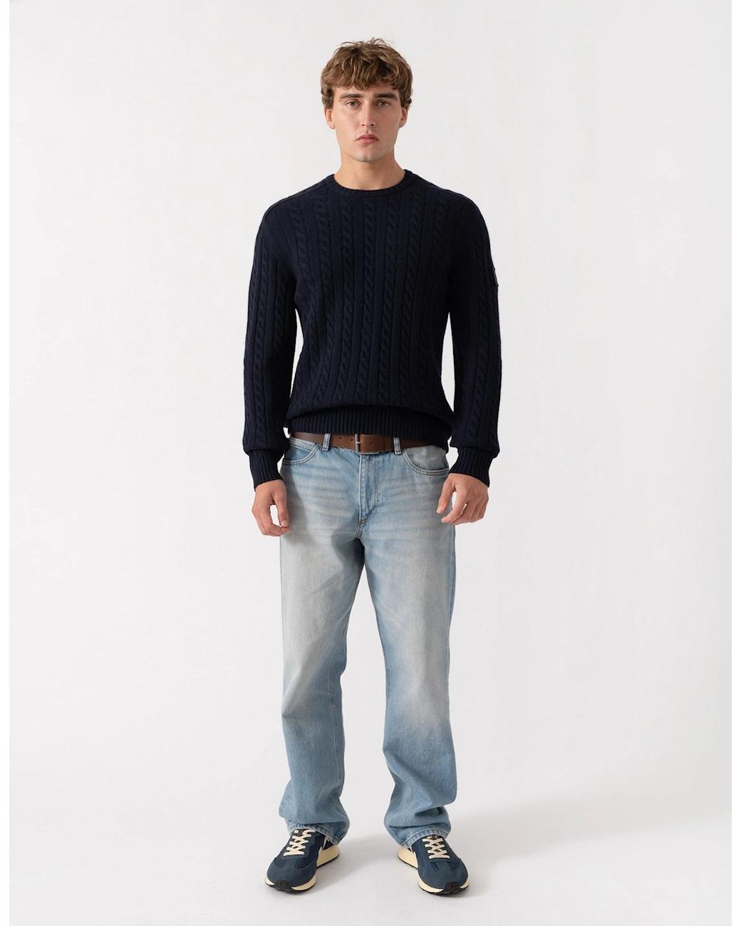 Belstaff Blue Westport Crew Neck Cable Knit Jumper for men