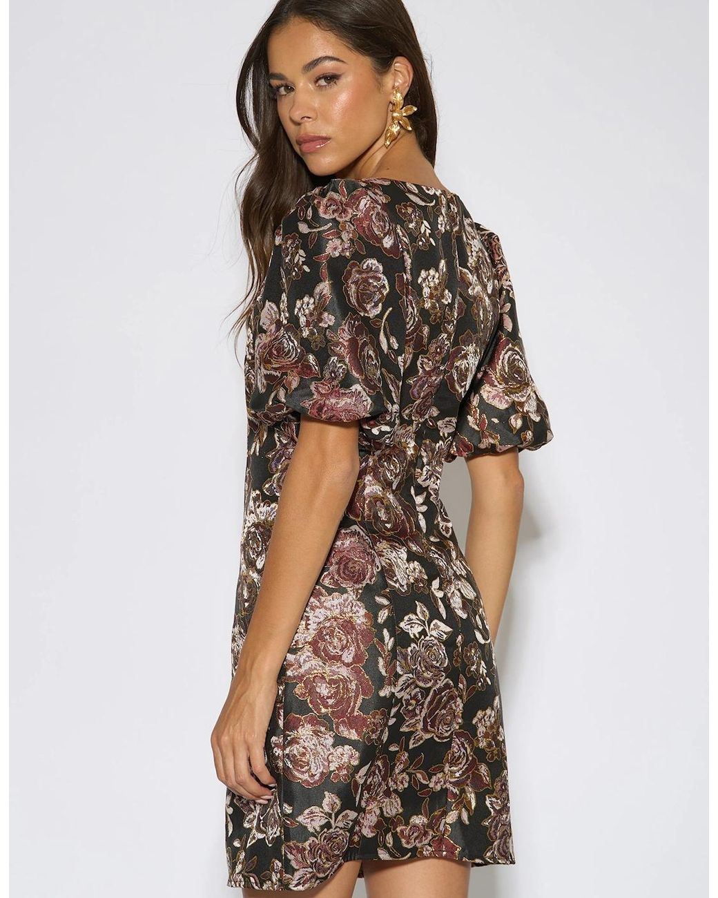 Gini London Brown Floral Jacquard Puff Sleeves Mini Dress