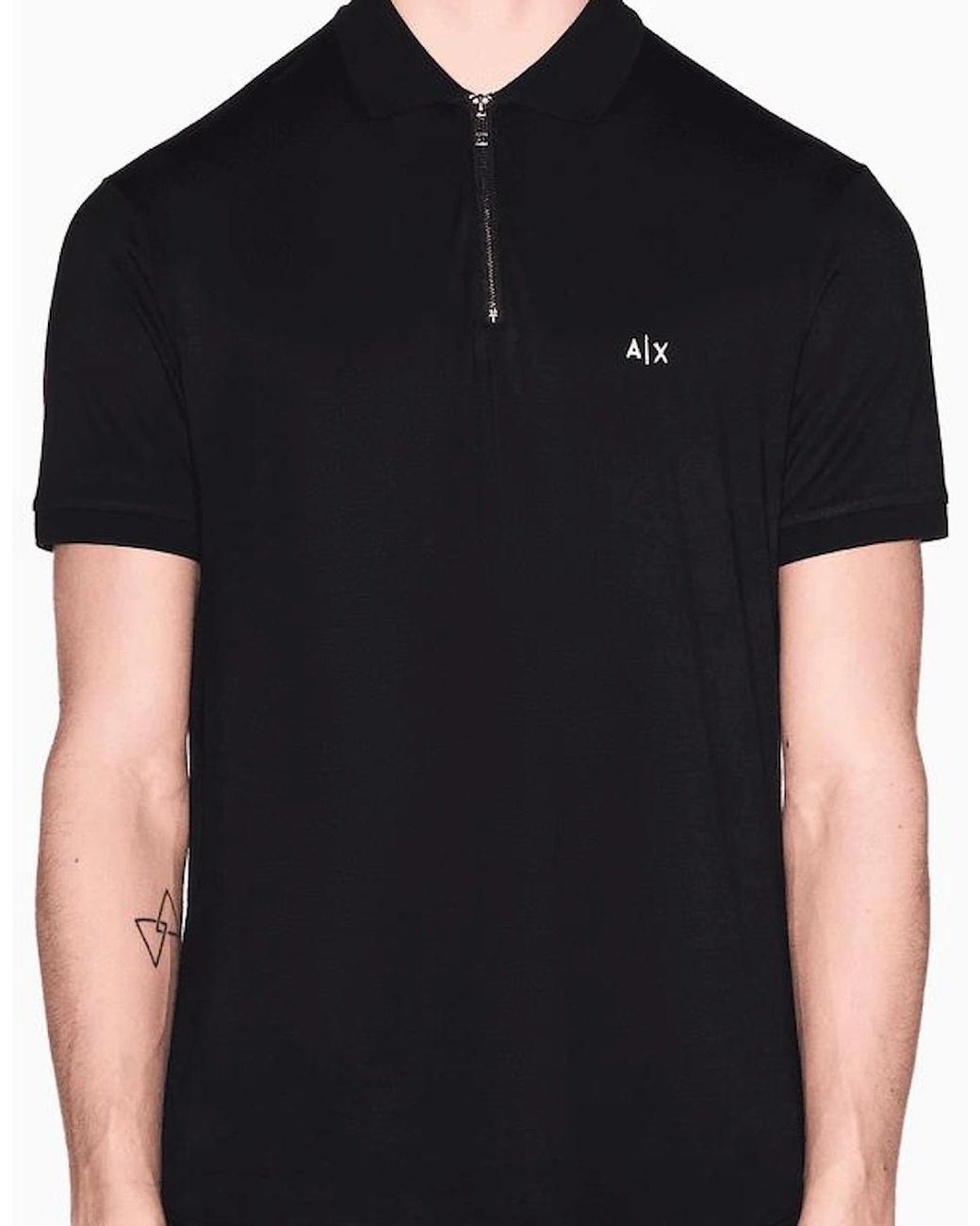 ARMANI EXCHANGE Black Slim Fit Stretch Technical Zip Polo Shirt for men