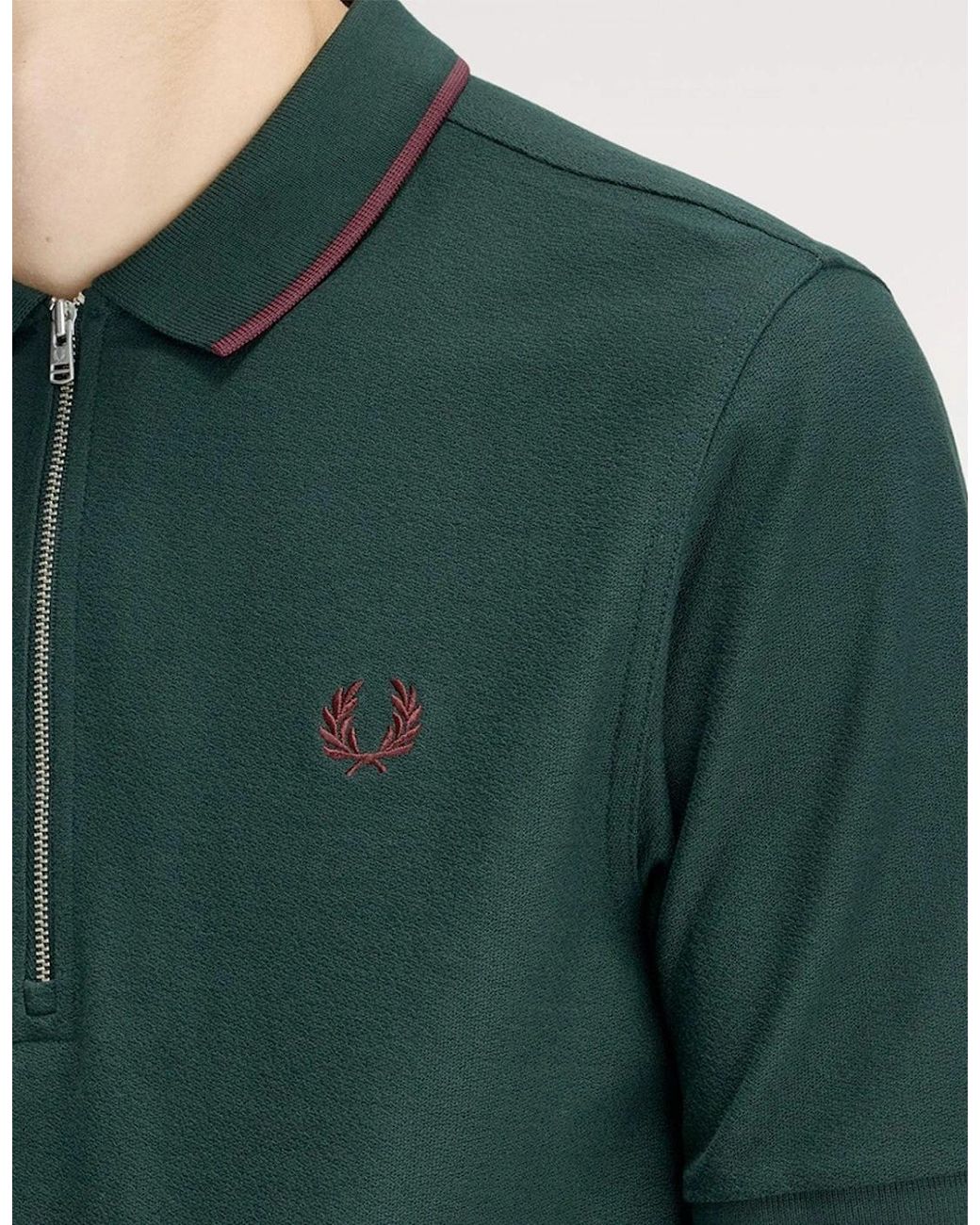 Fred Perry Green Crepe Pique Zip Neck Polo Shirt for men