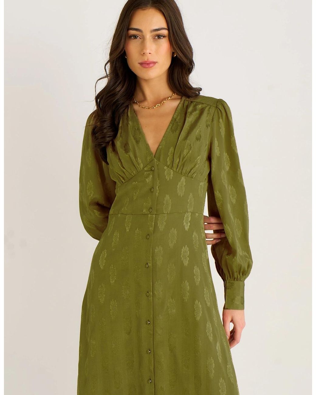 Gini London Green Long Sleeve Floral Satin Jacquard Maxi Dress
