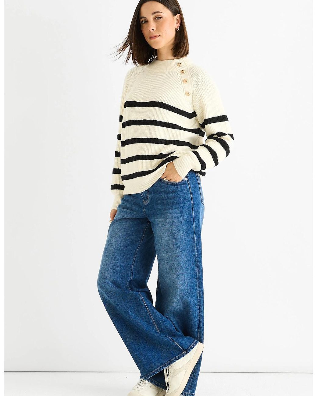 Gini London Blue Cream Stripe Cable Knit Button Oversized Jumper