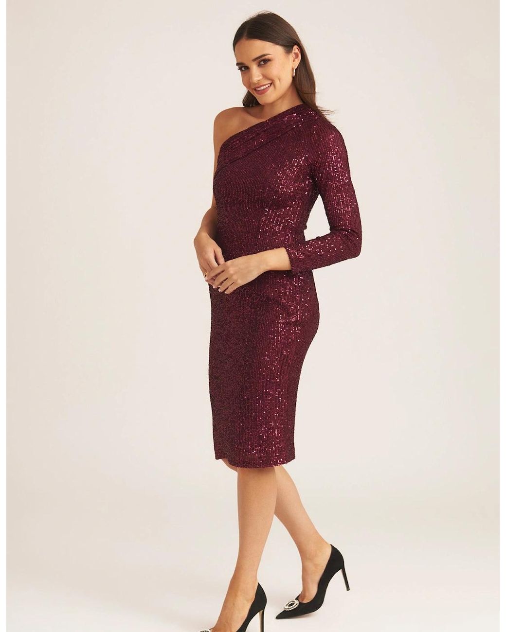 Gini London Red Plum One Shoulder Draped Sequin Midi Dress