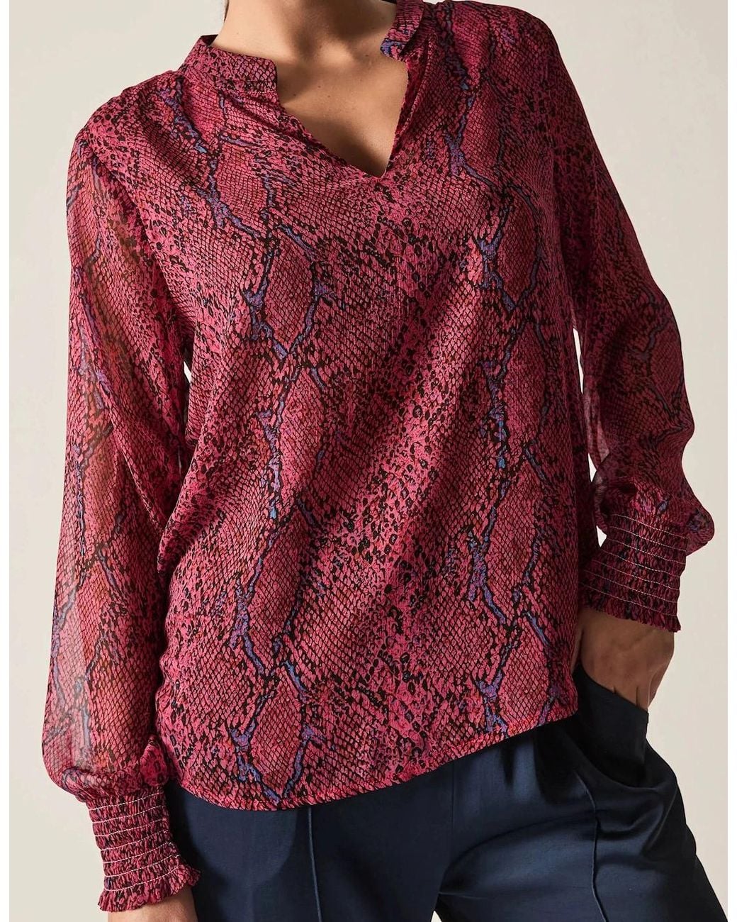 James Lakeland Red Burgundy Snake Print Blouse