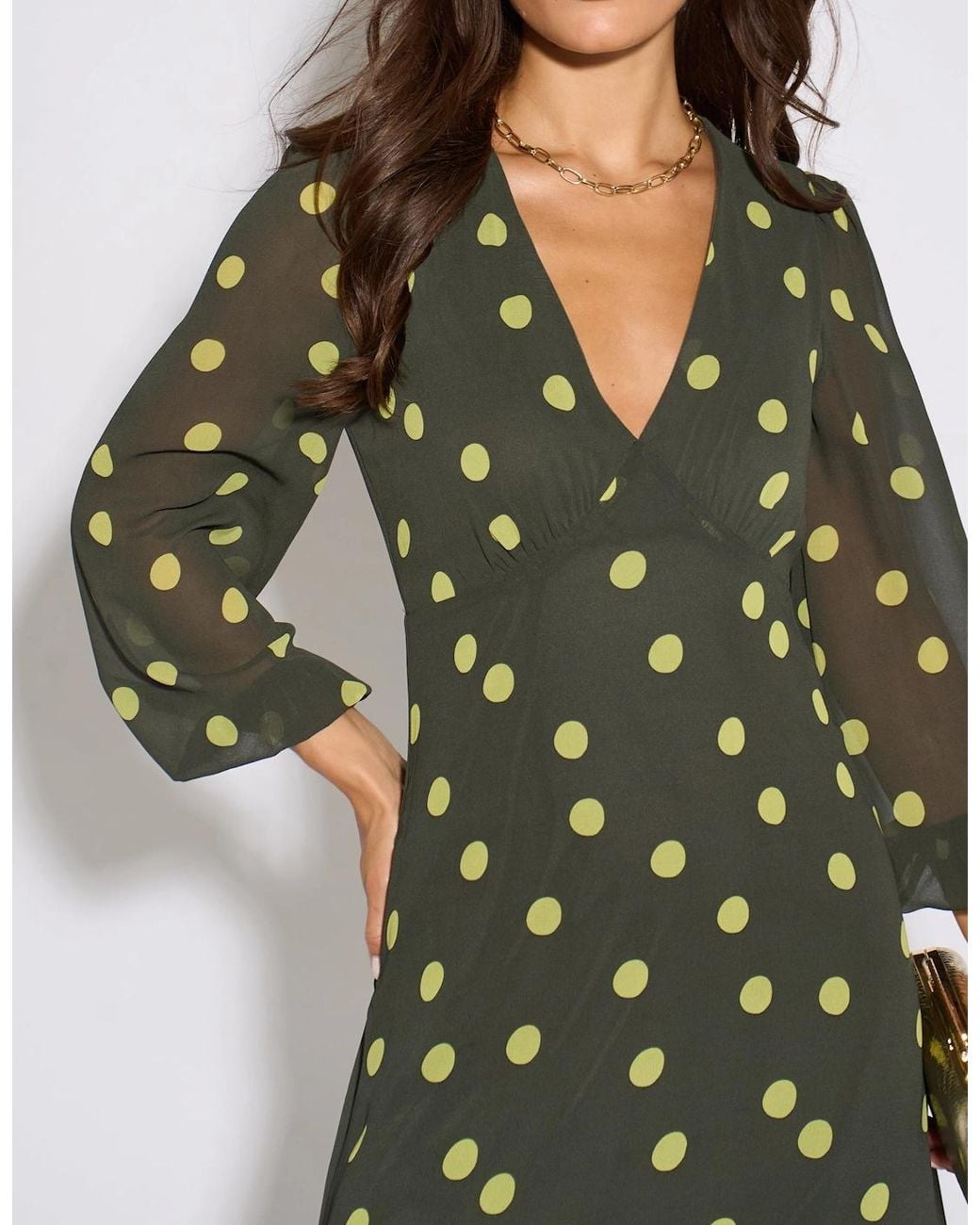 Gini London Green Lime Spot V Neck Midi Dress