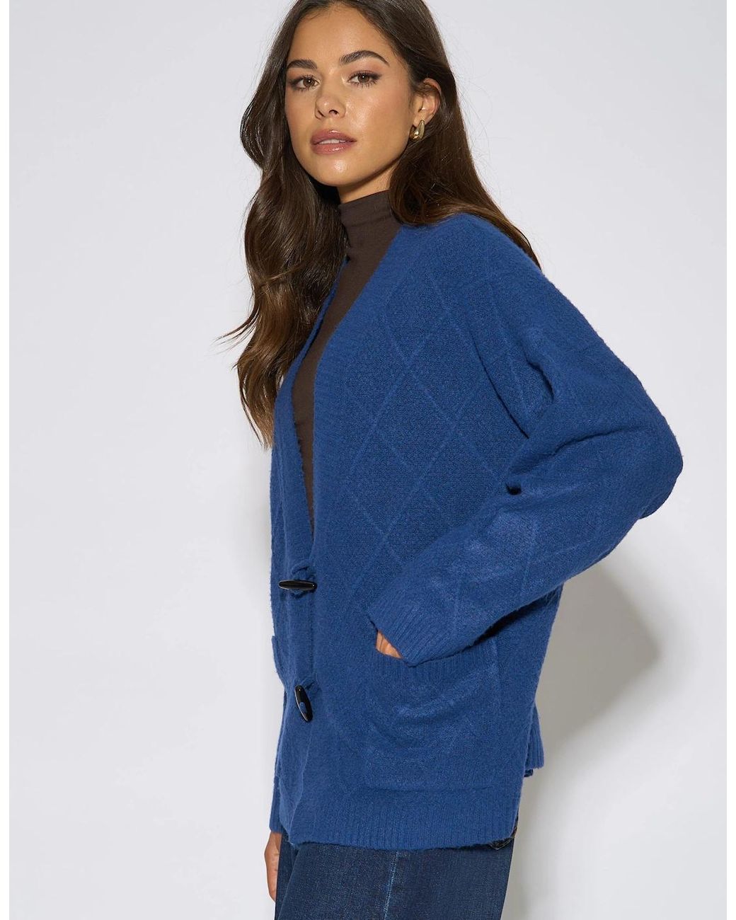 Gini London Blue Textured Button Detail Long Sleeve Cardigan