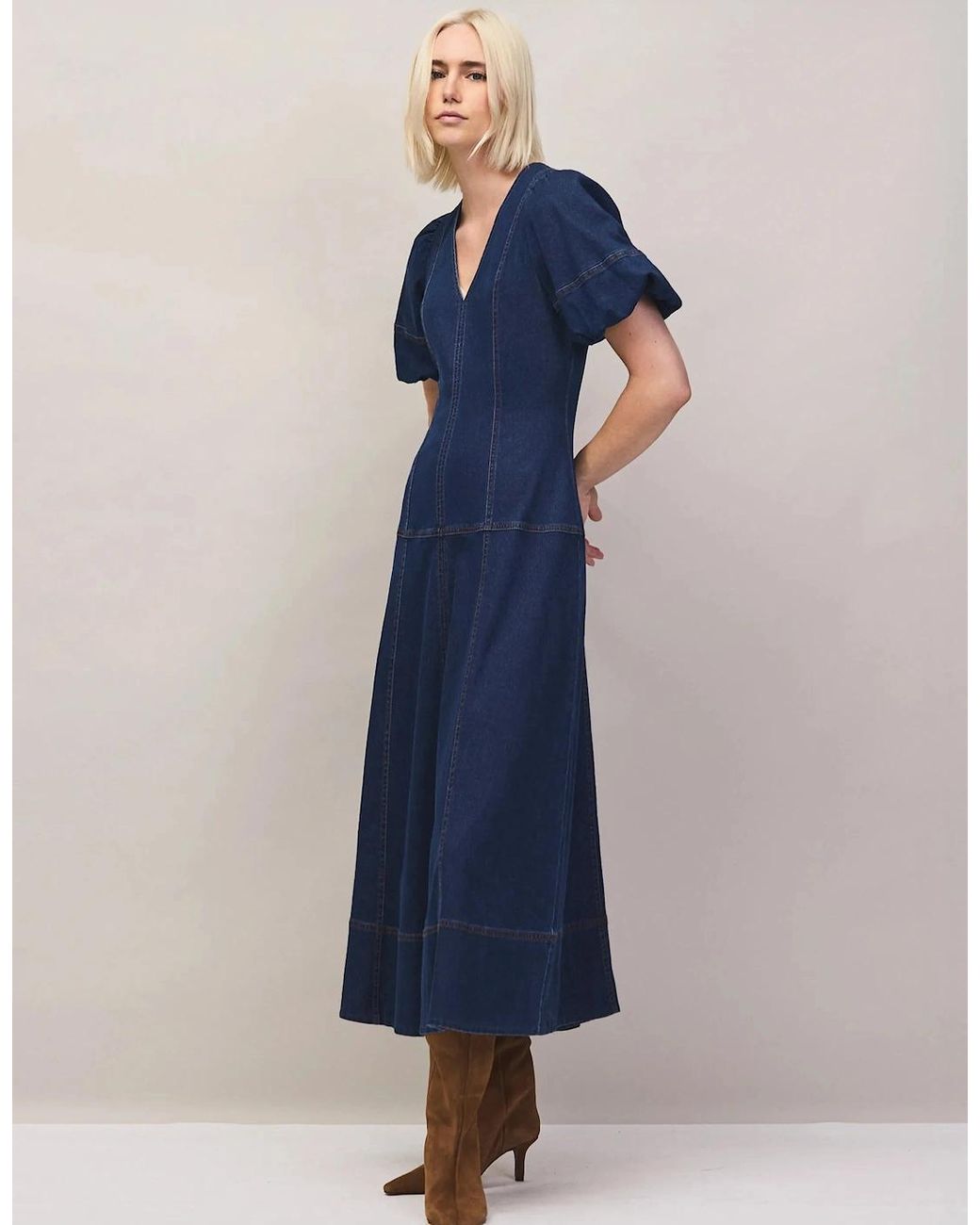 Ro&zo Blue Petite Denim Puff Sleeve Midi Dress