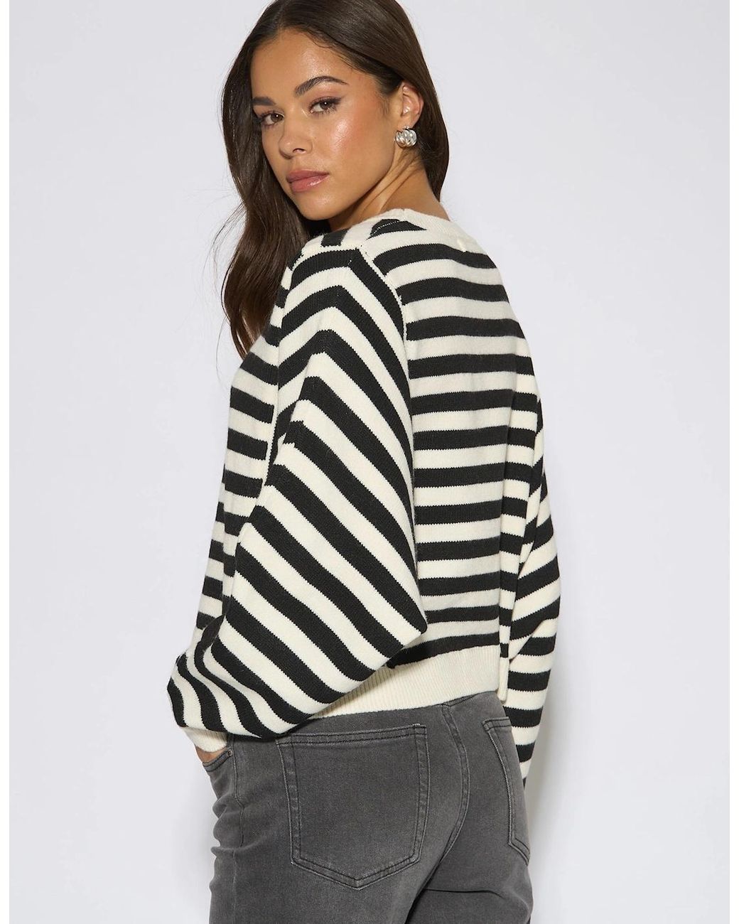 Gini London Blue Recycle Mix Contrast Stripe Loose Fit Knit Jumper