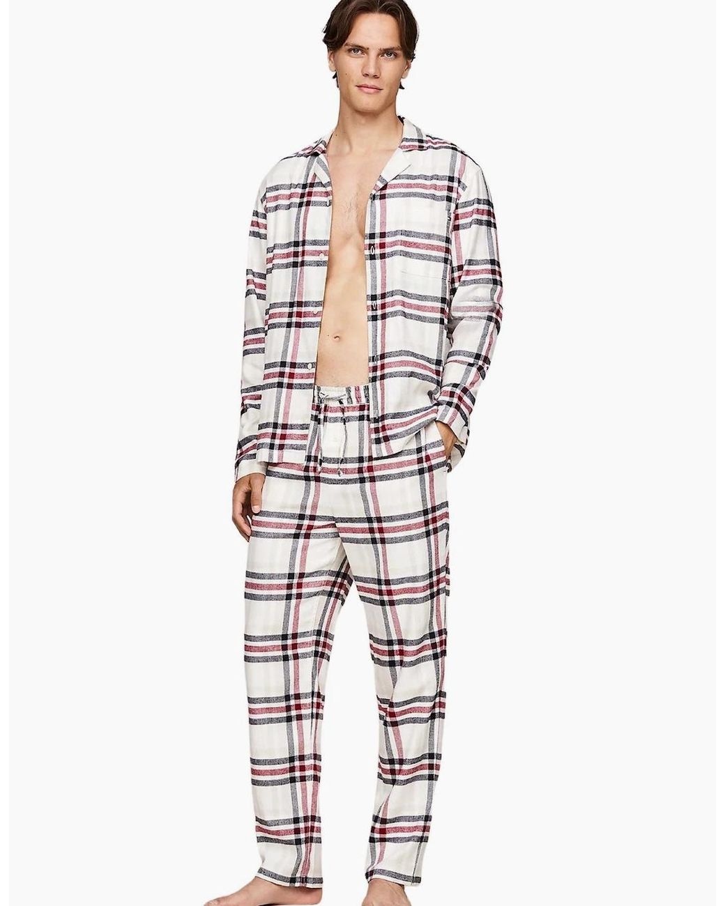 Tommy Hilfiger White Tartan Flannel Pyjama Set, Heritage Plaid Ivory for men