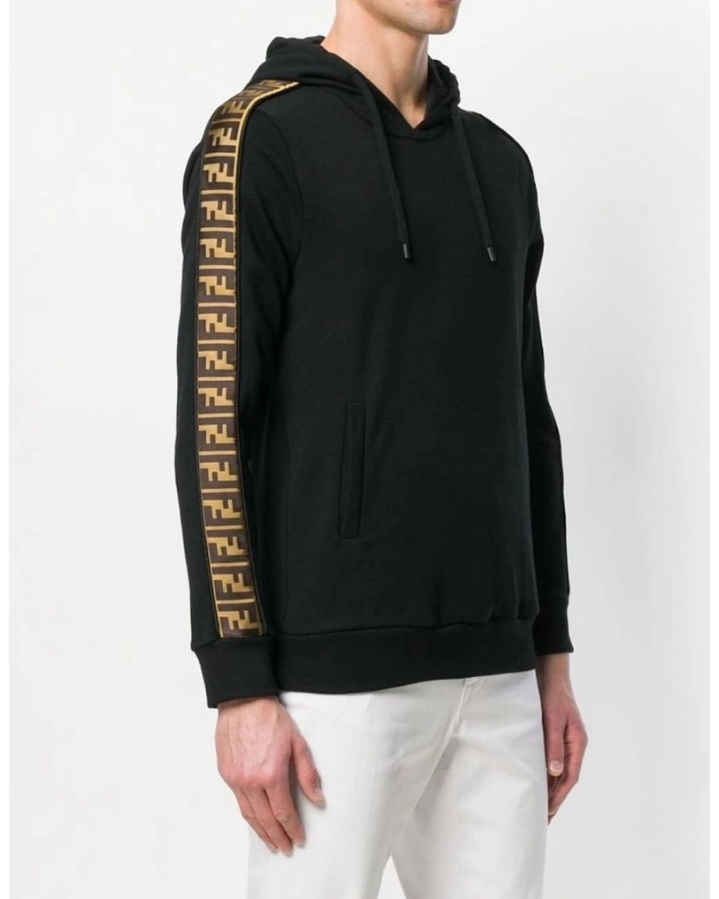 Fendi Black Felpa Logo-Trim Hooded Sweatshirt for men