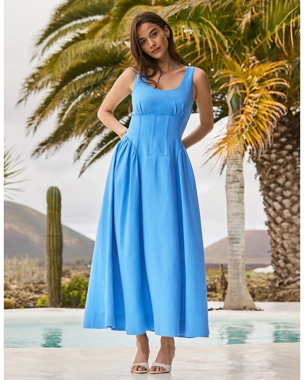 Ro&zo Blue Waist Detail Dress With Linen