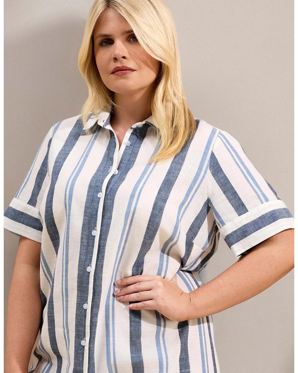 Live Unlimited London Blue Stripe Short Sleeve Linen Blend Shirt Dress