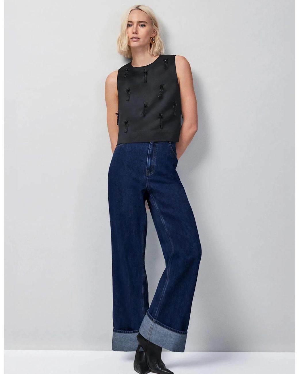 Ro&zo Blue Embroidered Beaded Shell Top