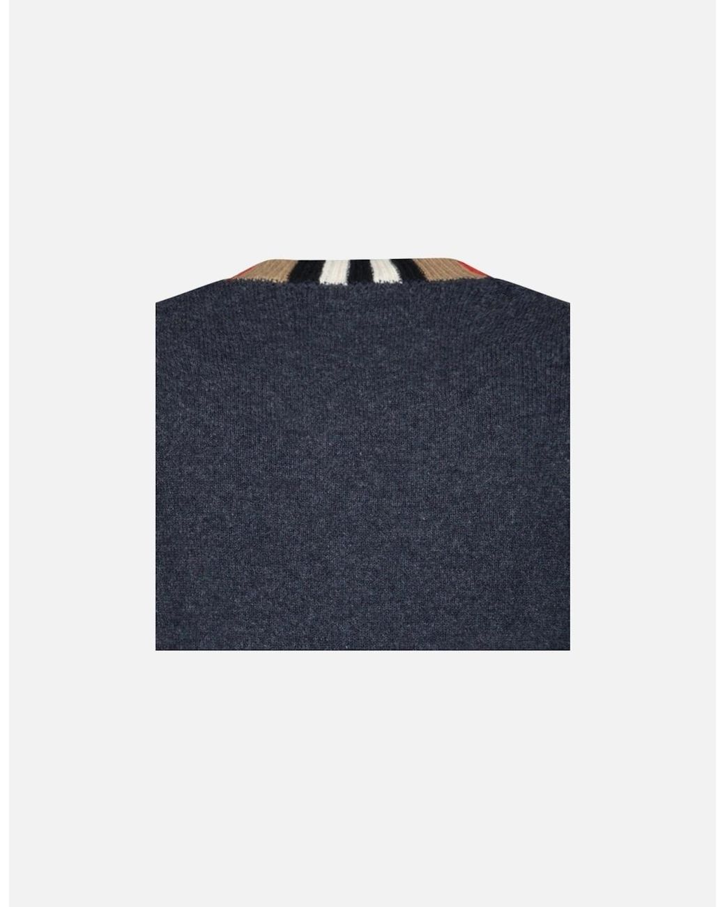 Burberry Blue 'Noland' Knitted Wool/ Cashmere Jumper Check Neck Charcoal for men