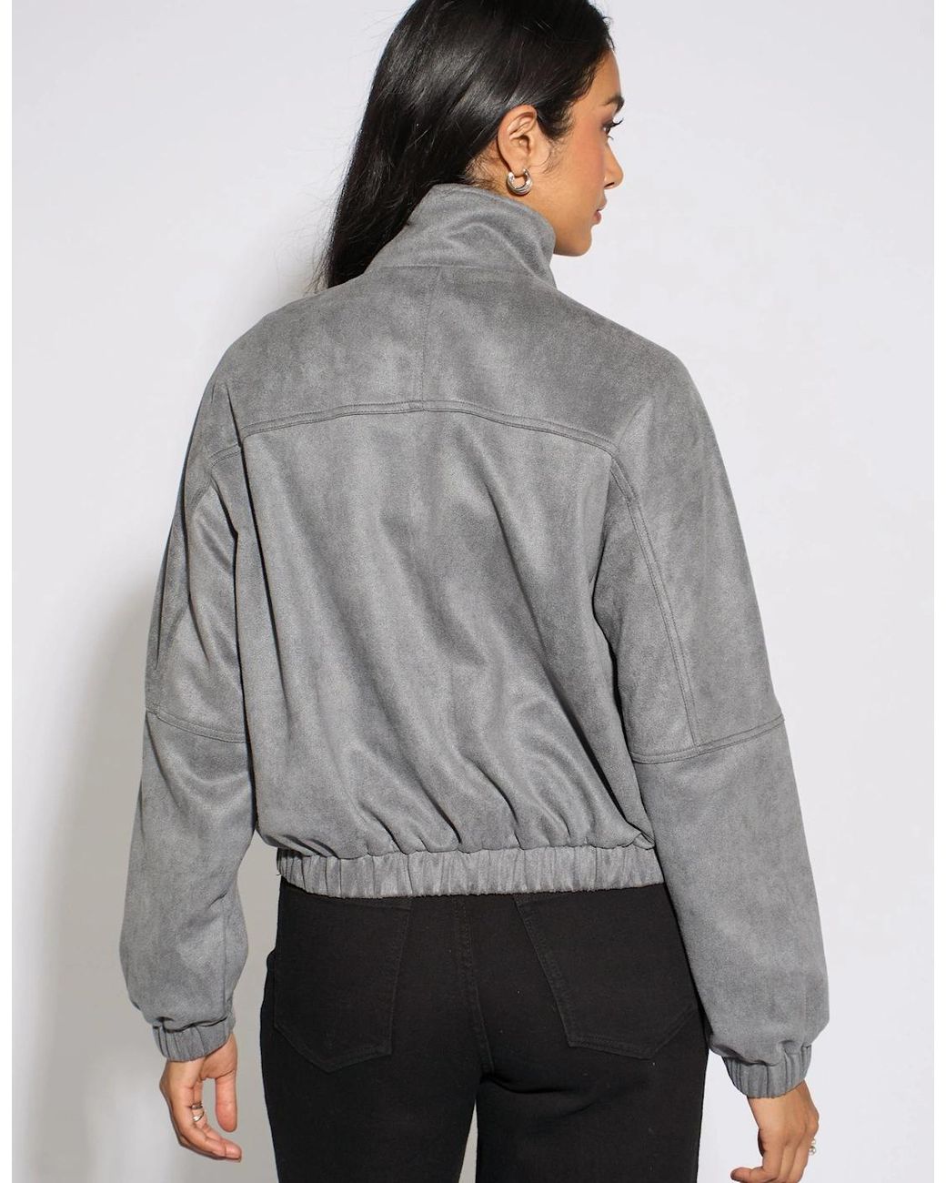Gini London Gray Faux Suede Funnel Neck Bomber Jacket