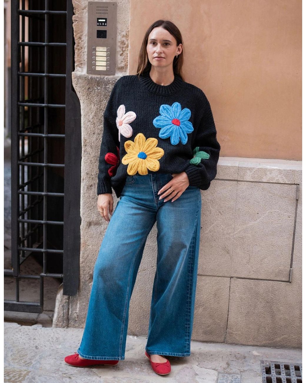 Gini London Blue Floral Crochet Chunky Knit Oversized Jumper
