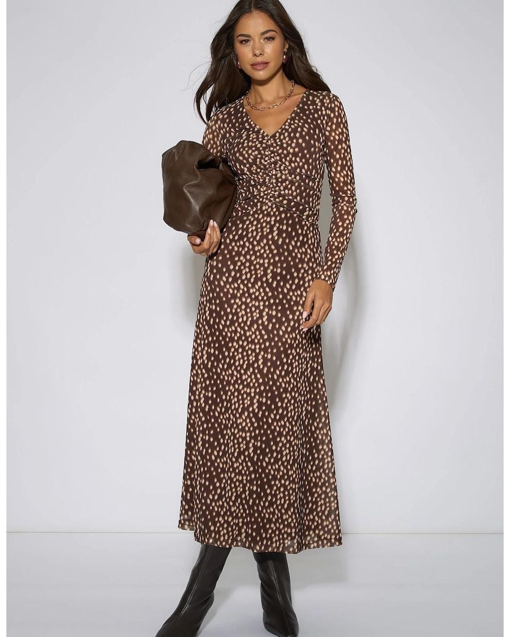 Gini London Brown Animal Mesh Ruched Front Midaxi Dress