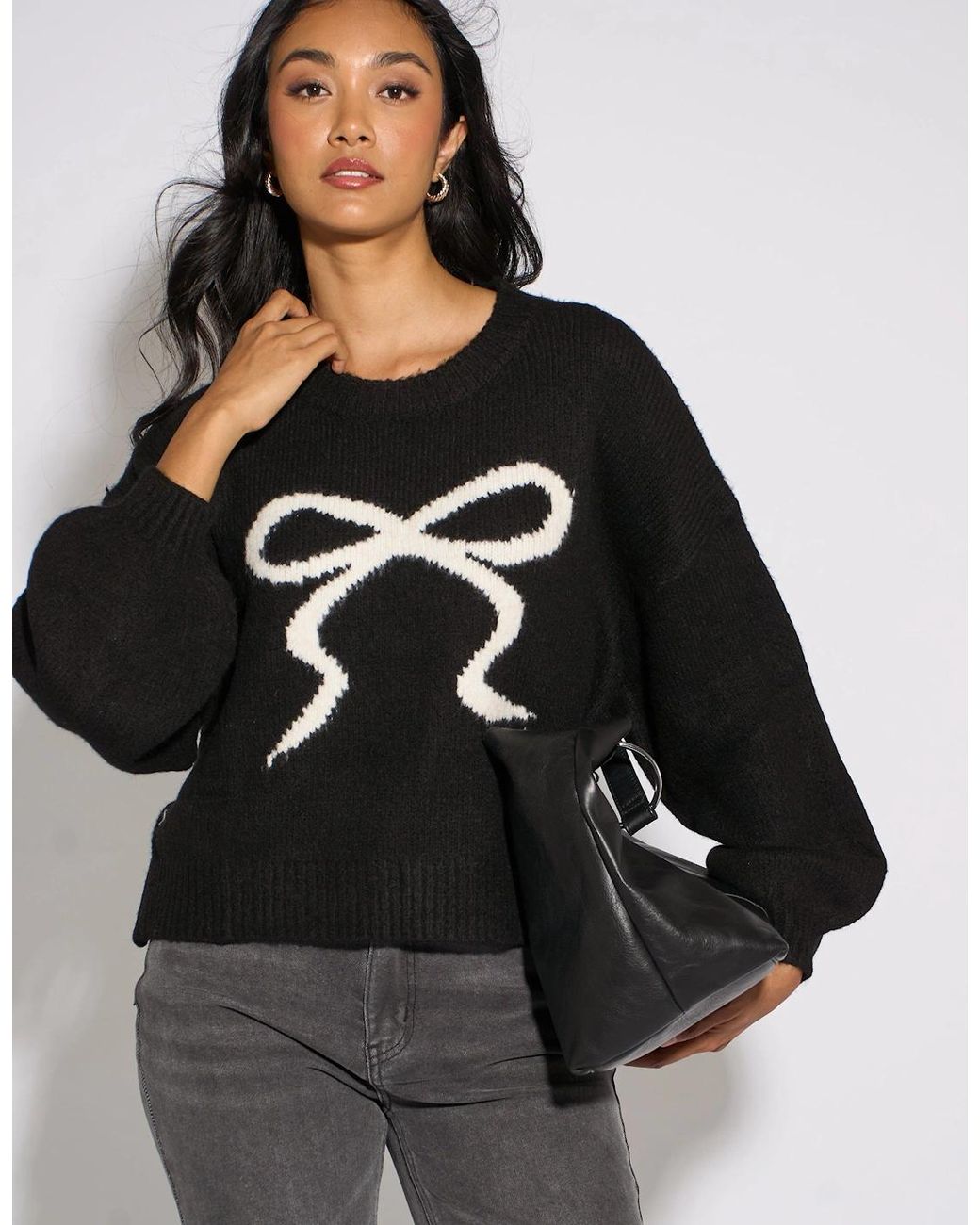 Gini London Black Contrast Bow Pattern Oversized Jumper