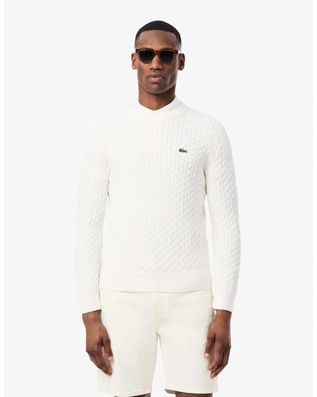 Lacoste White Cable Knit Cotton Jumper for men