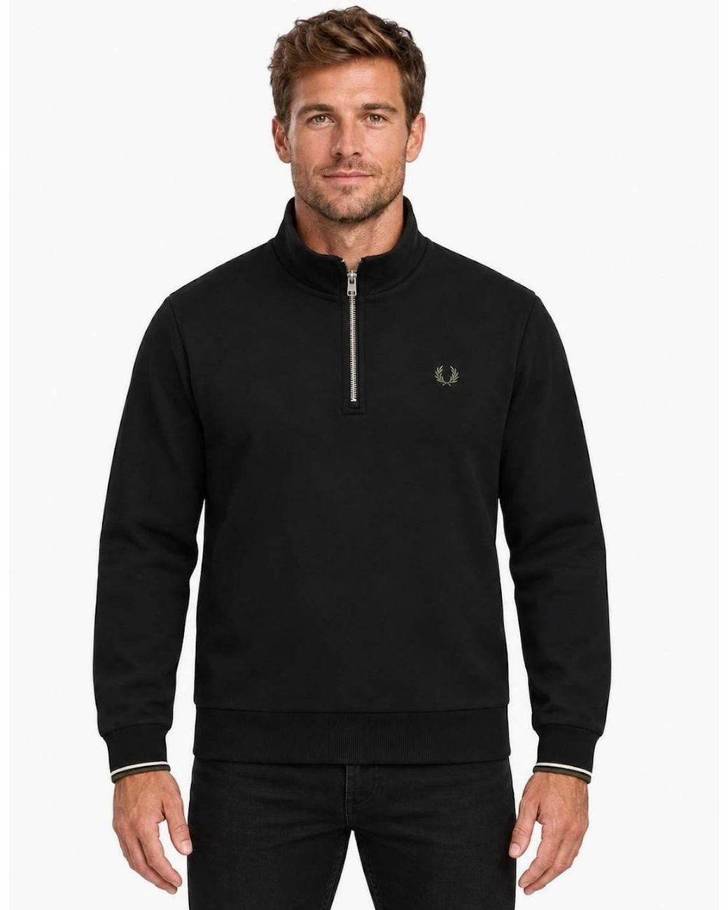 Fred Perry Black Half Zip Sweatshirt/Ecru/Laurel Wreath for men
