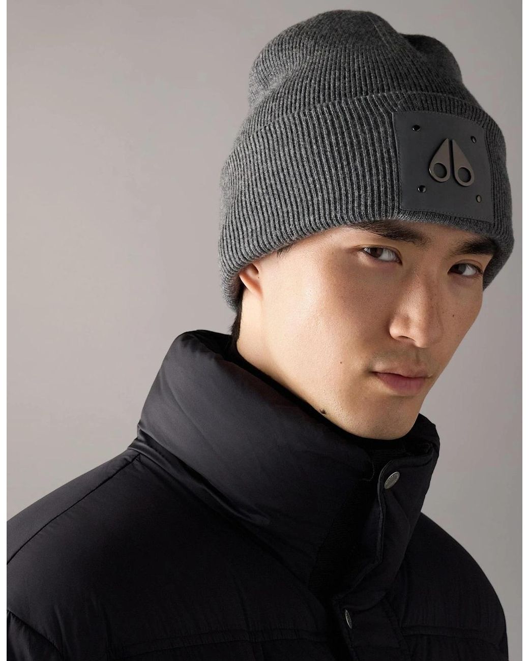 Moose Knuckles Gray Icon Logo Wool Cement Beanie for men
