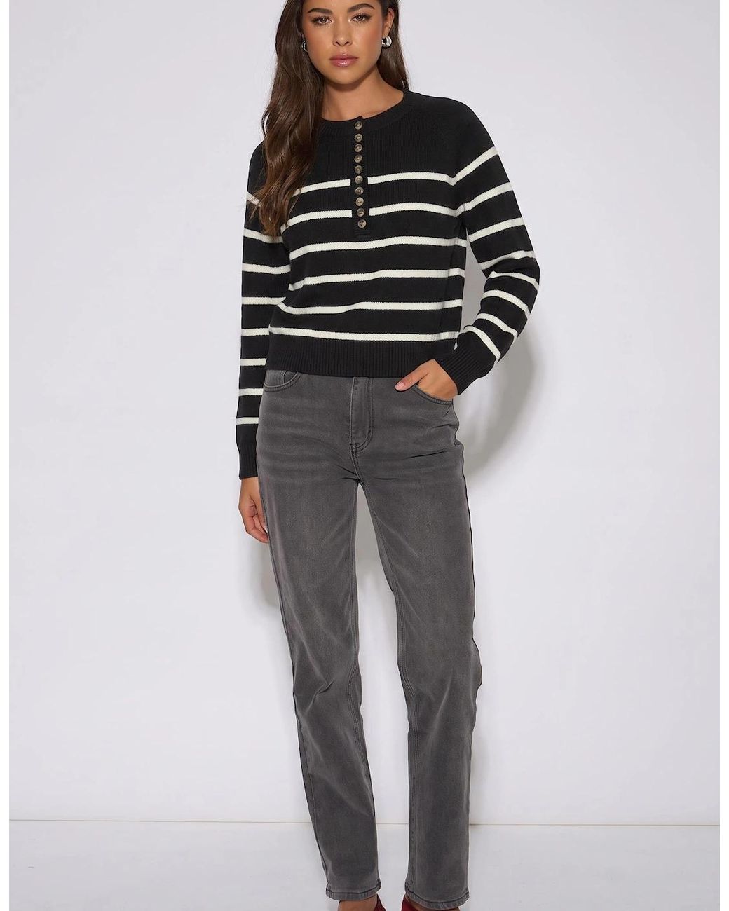 Gini London Blue Recycle Mix Stripe Button Up Loose Fit Knit Jumper