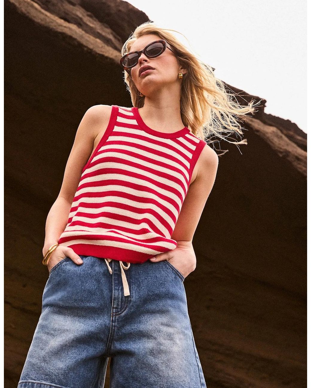 Ro&zo Red Stripe Cotton Knit Shell Top